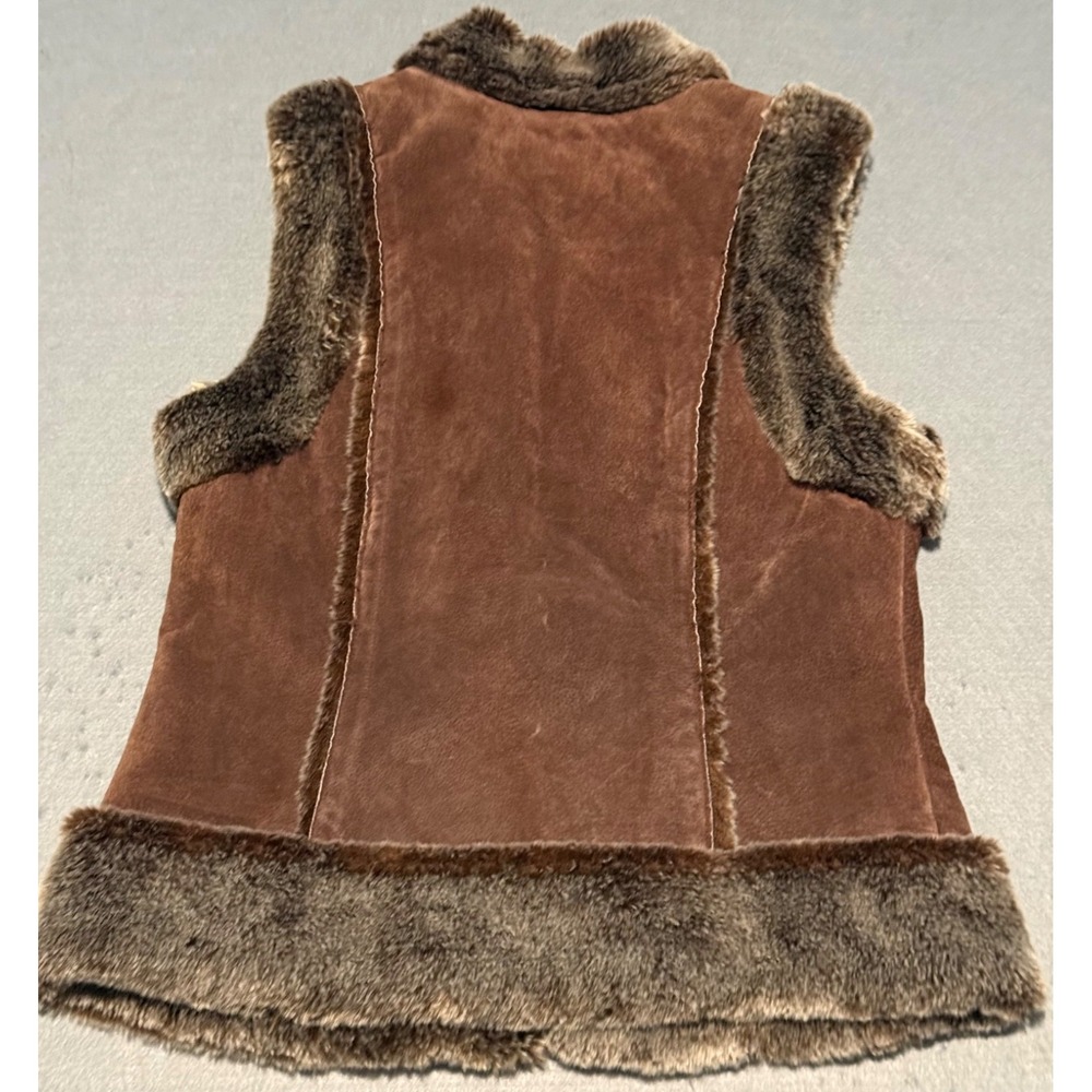 Live a Little Brown Leather Vest with Faux Fur Trim Women's L Boho - Picture 2 of 4